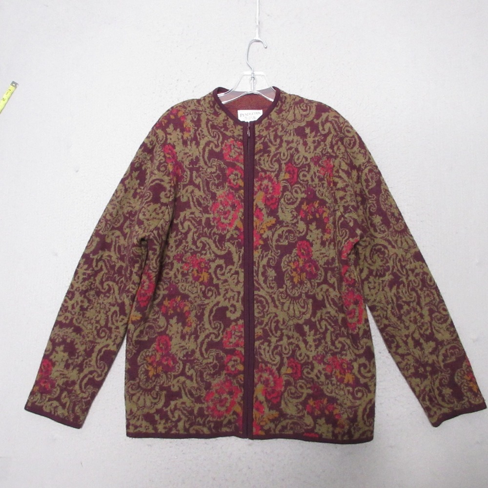 Vintage Pendleton Cardigan XL Merino Wool Floral Paisley Zip Front Sweater Layer